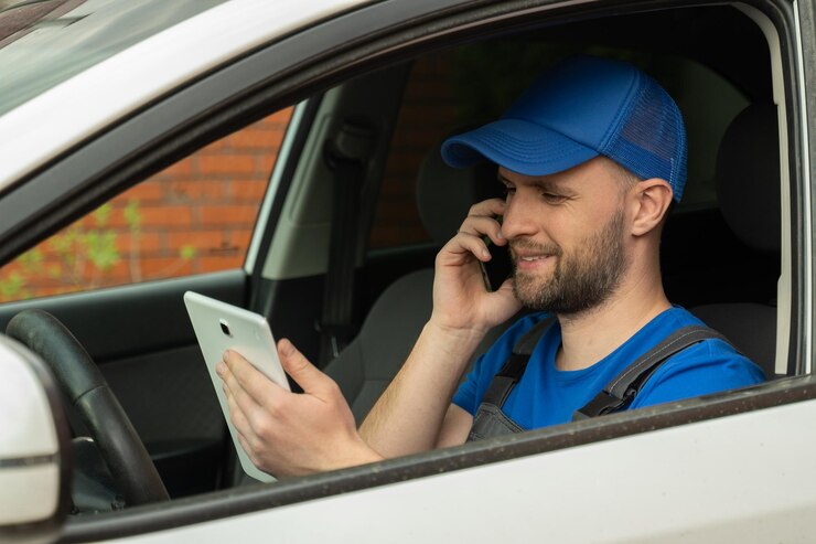 Zdjęcie mistrz z brodą rozmawia z właścicielem przez telefon siedzący na siedzeniu kierowcy konsultacja telefoniczna z samochodem