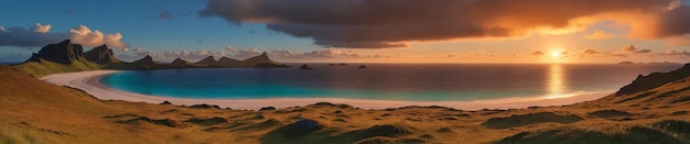 Mistrzowskie dzieło natury malowniczy krajobraz wybrzeża tropikalnych wysp z panoramicznym widokiem laguny o zachodzie słońca
