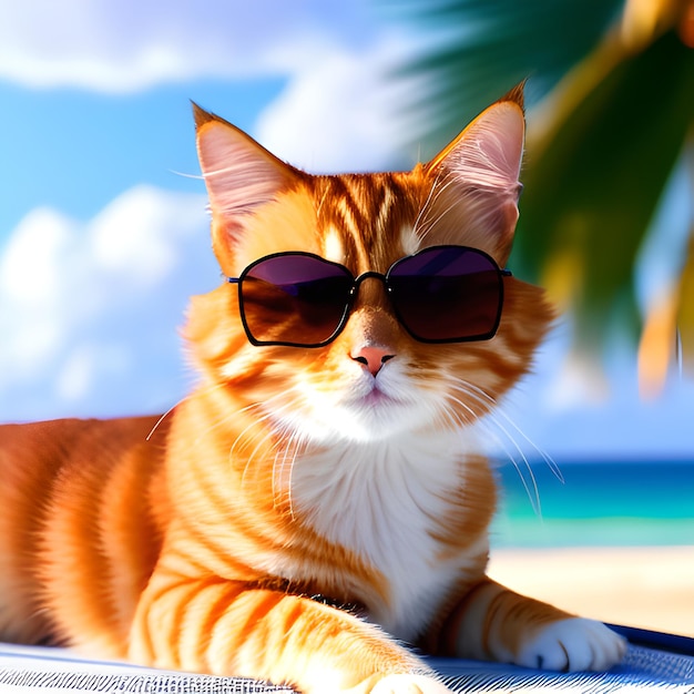 Mistrzowskie zdjęcie uroczego czerwonego kota noszącego okulary przeciwsłoneczne leżącego na krześle na plaży