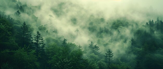 Misty Forest Morning Spokojna scena lasu otoczona mgłą z światłem słonecznym delikatnie filtrującym się przez gęsty baldachim wiecznie zielonych roślin rzucający mistyczny blask na zielony krajobraz