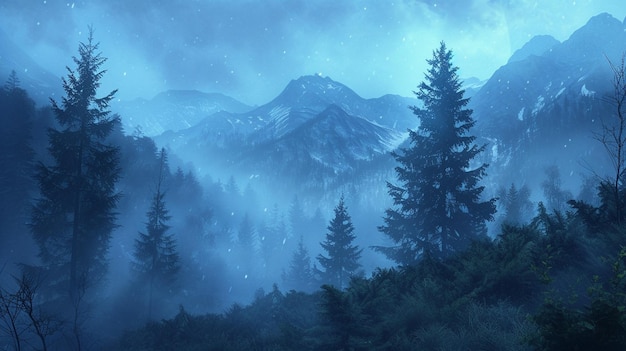 Misty Mountain Forest Landscape Scene przyrody