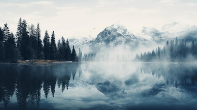 Misty Mountain Refleksje Spokojna Dolina Z Ośnieżonymi Szczytami