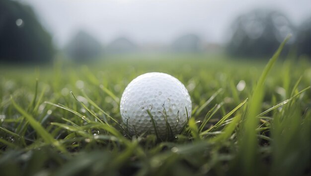 Misty poranek na polu golfowym zbliżenie mokrej trawy z piłką golfową umieszczoną w