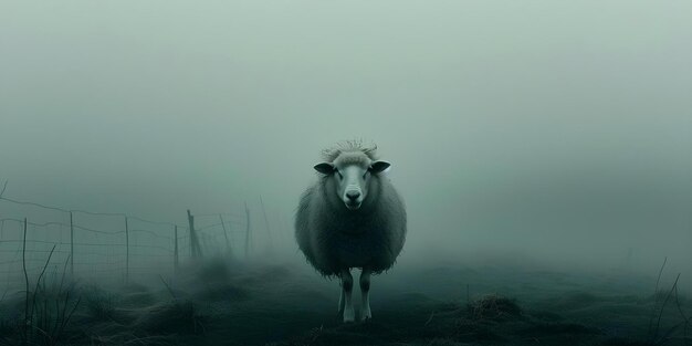 Mistyczna atmosfera z owieczkami w mglistym krajobrazie Koncepcja Fotografia owiec Mistyczny krajobraz Mglista atmosfera Portraje dzikiej przyrody Sceny przyrody
