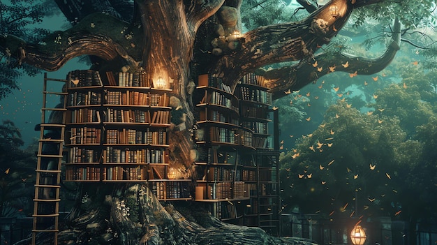 Mistyczna biblioteka z świecącymi półkami w gigantycznym drzewie magiczne miejsce z latającymi motylami i tajemniczą atmosferą