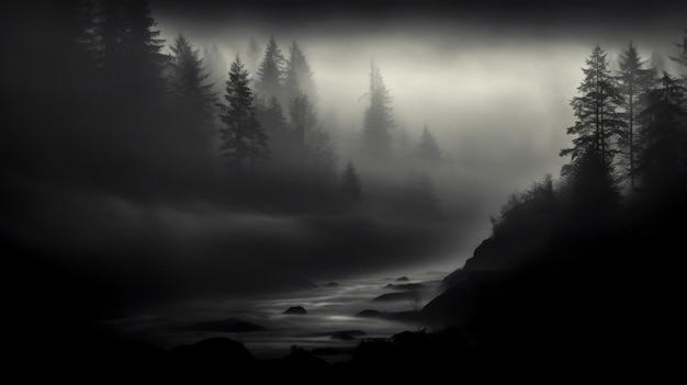 Mistyczna czarno-biała fotografia Mgła Las Rzeka