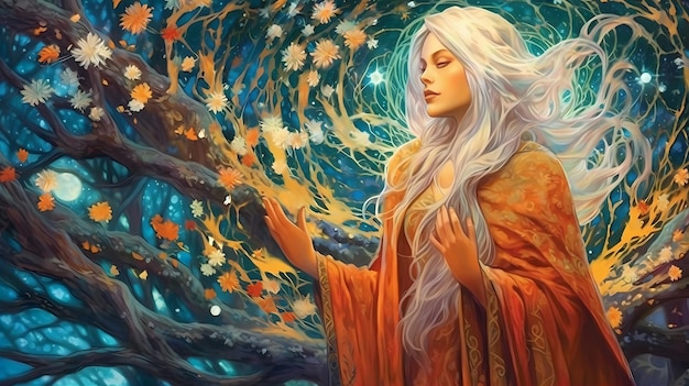 Mistyczna czarodziejka o rozwianych srebrnych włosach i długim płaszczu ozdobionym skomplikowanymi niebiańskimi wzorami.