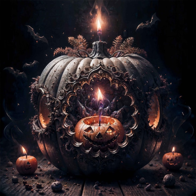 Zdjęcie mistyczna dynia halloween z świeczkami