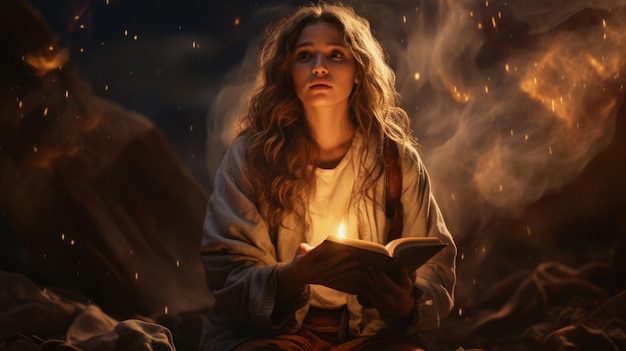 Mistyczna kobieta czytająca świecącą książkę z magicznymi wirami światła