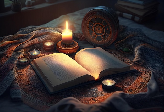 Mistyczna księga zaklęć w kręgu czarownic w pobliżu płonących świec Wygenerowano AI