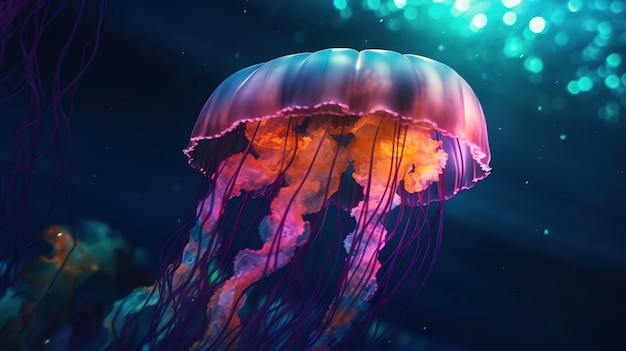Mistyczna, oceaniczna, czarująca meduza w generatywnej sztucznej inteligencji podwodnego świata