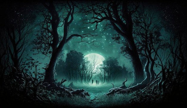 Mistyczna scena leśna w nocy jako sztuka cyfrowa Generuj Ai
