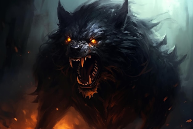 Mistyczna skandynawska bestia wilk Fenrir Fenrir start Ragnarok North mitologia tło Generatywna sztuczna inteligencja