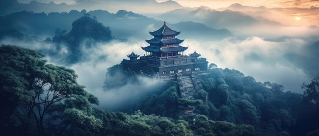 Mistyczna świątynia w chmurach Panoramiczne tło Generatywna sztuczna inteligencja