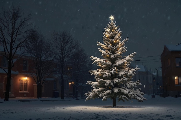 Mistyczne drzewo świąteczne w śnieżnym mieście