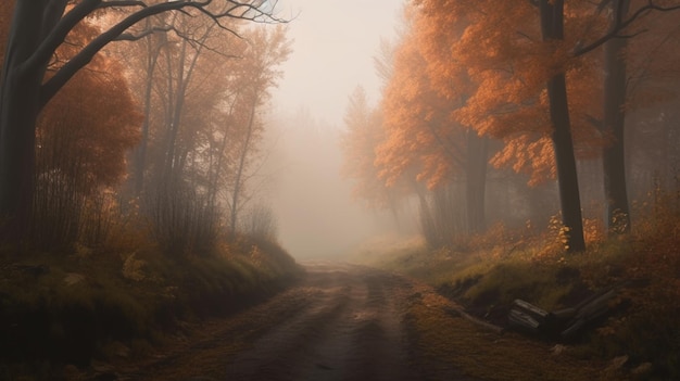 Mistyczne jesienne lasy z drogi we mgle Spadek lasy misty Jesień Magic ciemny las Fairytale