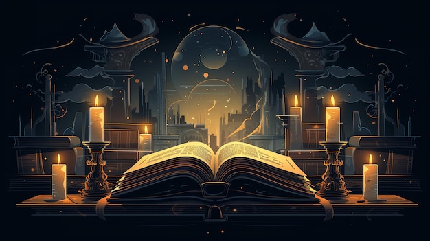 Mistyczne zwoje ilustracja książki w ciemnym pokoju z różnymi stylami projektowania
