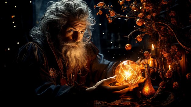 Zdjęcie mistyczny czarodziej-gnom rzuca zaklęcia z zaklętą laską