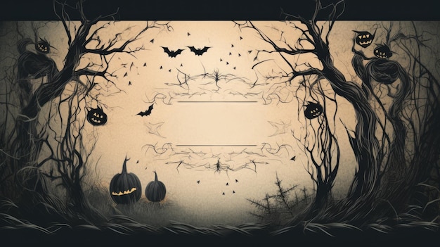 Mistyczny Halloween Ciemna noc, na tle której widać wysokie czarne sylwetki drzew
