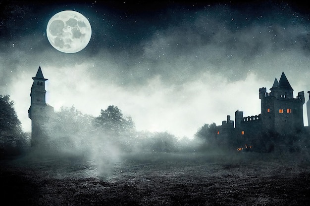 Mistyczny i upiorny zamek w ciemności i we mgle. Starożytny historyczny zamek.