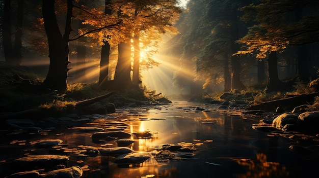 Mistyczny jesienny las Promienie słońca między drzewami