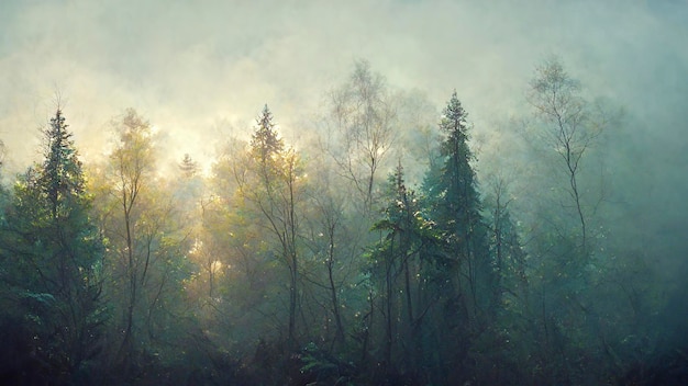 Mistyczny krajobraz leśny w jesiennej porannej mgle Krajobraz w sennym mglistym lesie Sztuka cyfrowa
