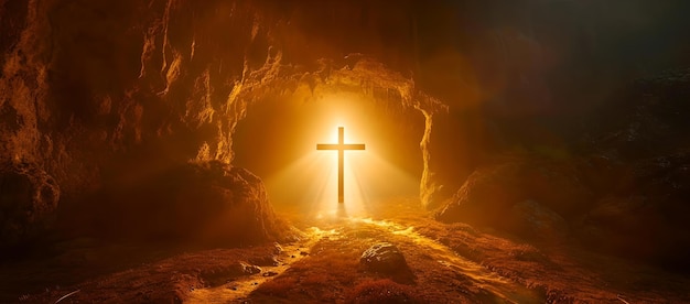 Mistyczny krzyż oświetlony złotym światłem w ciemnej jaskini evocacyjny symbol religijny artystyczny abstrakcyjny obraz koncepcyjny AI