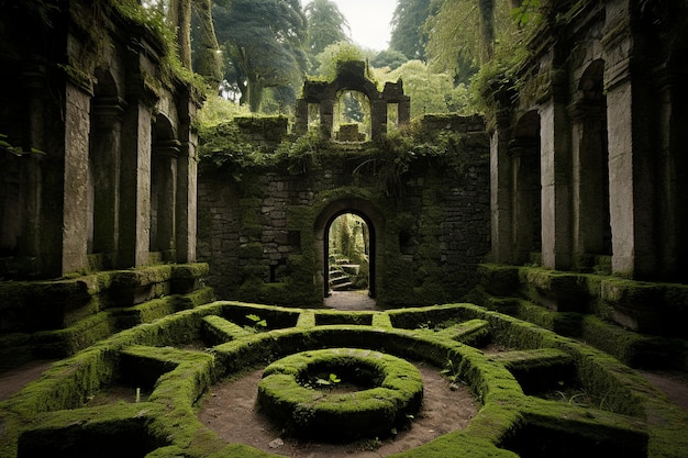 Zdjęcie mistyczny labirynt ogrodowy z ścieżkami prowadzącymi do nieoczekiwanych miejsc
