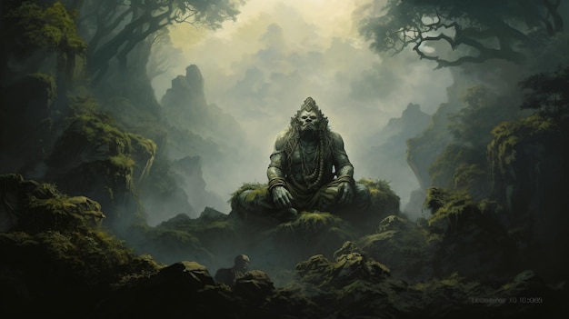 Mistyczny las otoczony mgłą z Hanumanami.