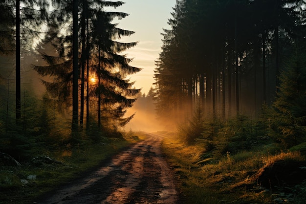 Mistyczny las, świt, eteryczne światło w środku ranka, piękny wschód słońca.