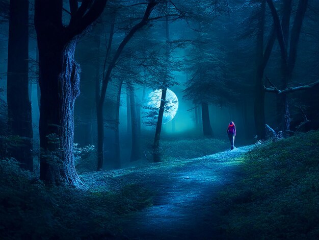Zdjęcie mistyczny las, w którym samotny podróżnik spotyka mityczne stworzenie w świetle księżyca.