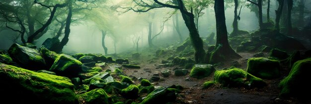 Zdjęcie mistyczny las z drzewami, które komunikują się poprzez subtelne ruchy i szepty, gdy wiatr szarśnie ich liśćmi