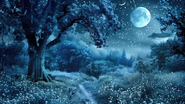 Mistyczny las z eterycznymi stworzeniami oświetlonymi przez światło księżyca.