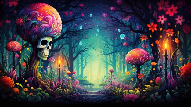 mistyczny las z wysokimi drzewami ozdobionymi kolorowymi ozdobami z cukrowych czaszek