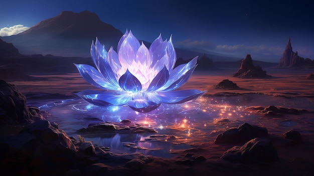 Mistyczny lodowy kwiat kwitnie w sercu pustyni w nocy jego płatki błyszczą z zamarzniętej magii latarnia dla wędrowców nocy