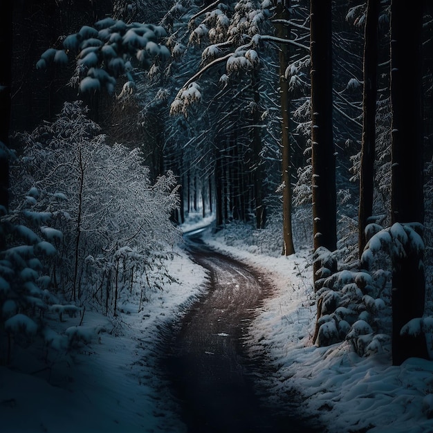 Mistyczny magiczny las pokryty śniegiem Generacyjna sztuczna inteligencja