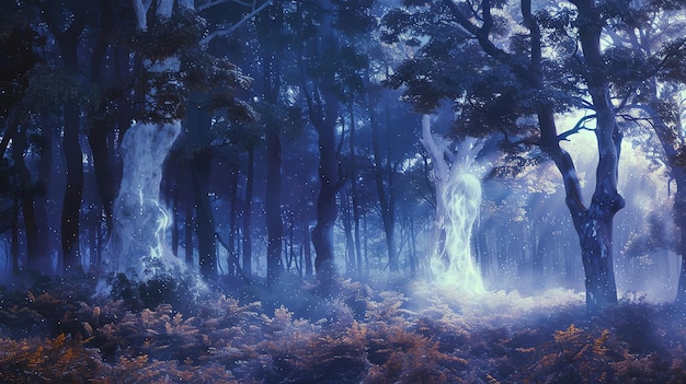 Mistyczny mglisty las z świecącymi drzewami i latającymi świetlikami Zdjęcie z długą ekspozycją zostało zrobione w ciemnym lesie w nocy