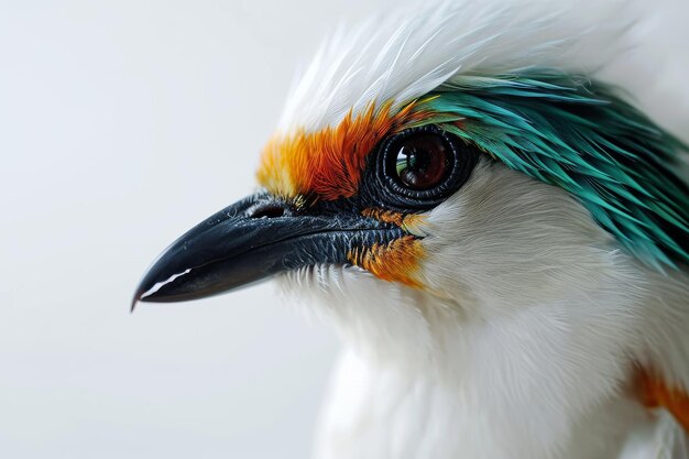 Zdjęcie mistyczny portret bali starling stojący w studijnej przestrzeni do kopiowania tekstu na białym tle