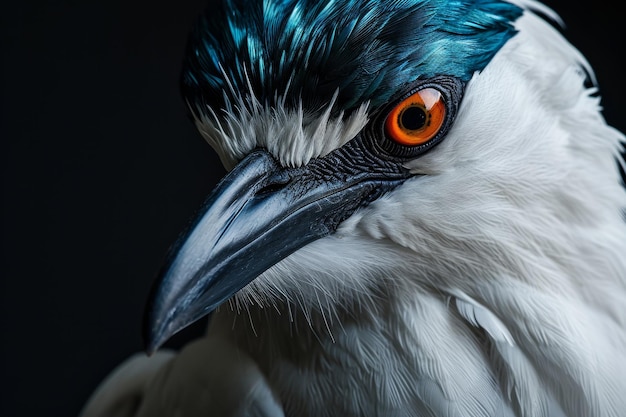 Zdjęcie mistyczny portret bali starling stojący w studijnej przestrzeni do kopiowania tekstu na czarnym tle