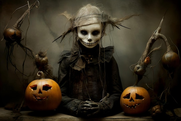 Mistyczny portret złej czarownicy z przerażającym makijażem Na Dia de Los Muertos lub święta Halloween Generative AI