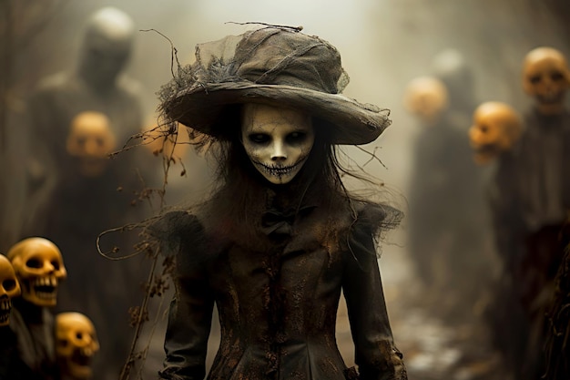 Mistyczny portret złej wiedźmy z przerażającym makijażem na Dia de los Muertos Dzień zmarłych