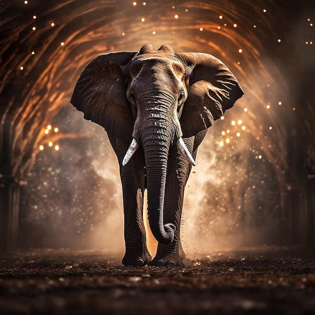 Mistyczny słoń sfotografowany z nastrojowe oświetlenie strumieniowe.
