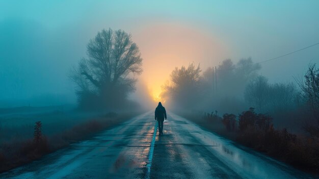 Zdjęcie mistyczny wschód słońca podróż przez tajemniczą mglistą mgłę