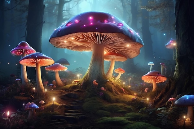 Mistyczny zaczarowany las ze świecącymi grzybami