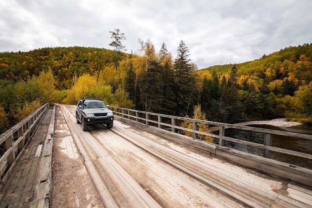 Mitsubishi Pajero Sport Na Drewnianym Moście W Jesiennym Lesie