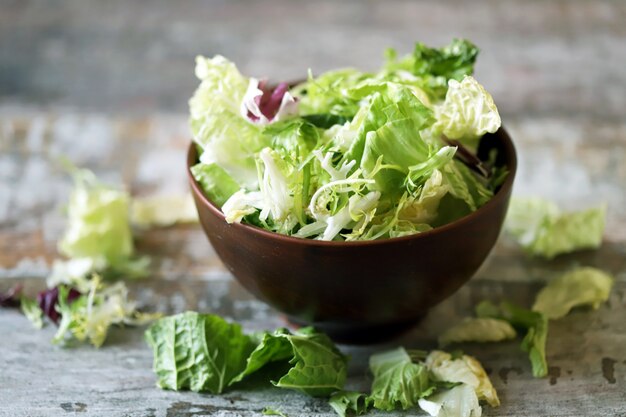 Mix sałatek w misce. Zielone soczyste liście sałaty. Pojęcie zdrowej diety. Selektywne ustawianie ostrości.