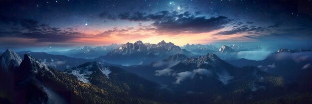 Mleczny wzrost na nocnym niebie nad górskimi krajobrazami AI Generative