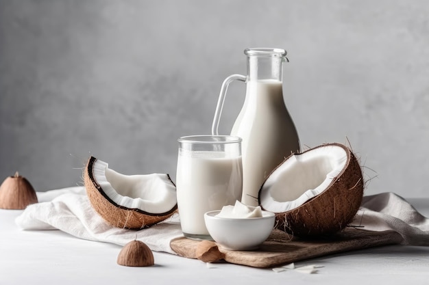 Mleko kokosowe na drewnianym tle Mleko kokosowe w szklanej butelce Zdrowa żywność Stworzona przy użyciu technologii Generative AI