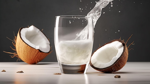 Mleko kokosowe w szklance na drewnianym stole z kokosami