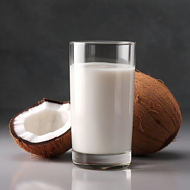 Mleko kokosowe w szklance na szarym tle